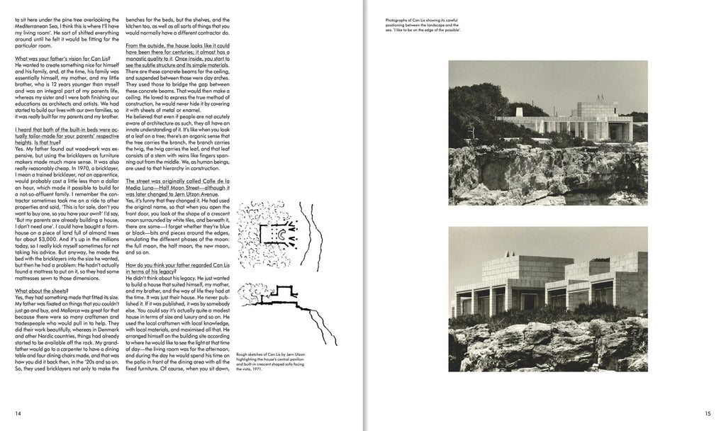 Book page with architectural text and black and white photos of a building.