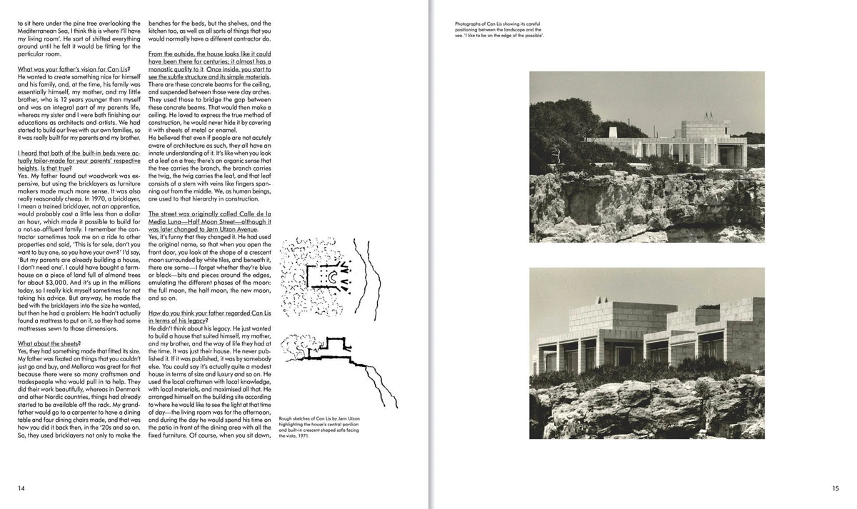 Book page with architectural text and black and white photos of a building.