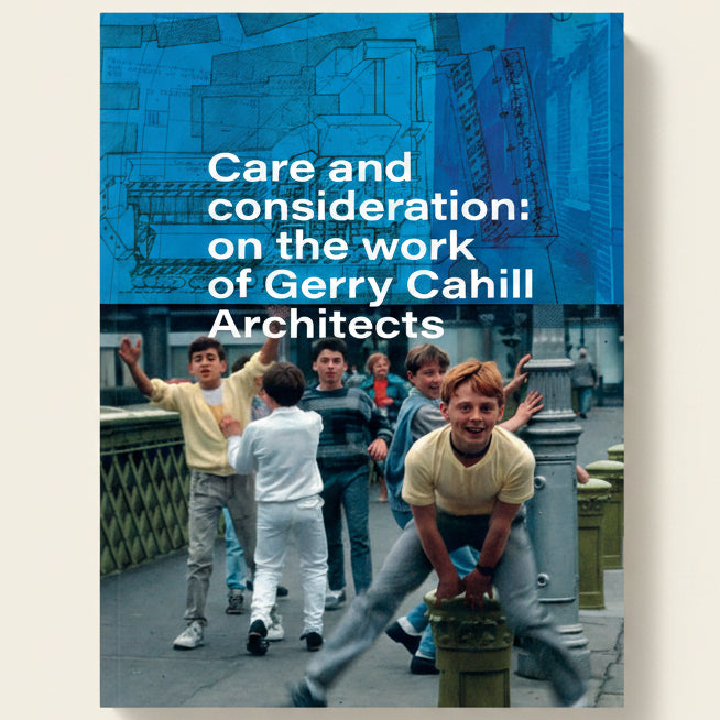 Book cover with children playing on a bridge and architectural drawings in the background, featuring text about Gerry Cahill Architects.