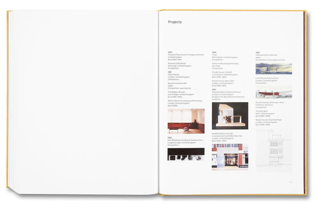 An open hardcover book showing a printed interior page titled 'Projects' with columns of text and small architectural project photos and diagrams.