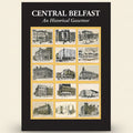 Book cover of 'Central Belfast: An Historical Gazetteer' with black and white illustrations of buildings on a yellow background.