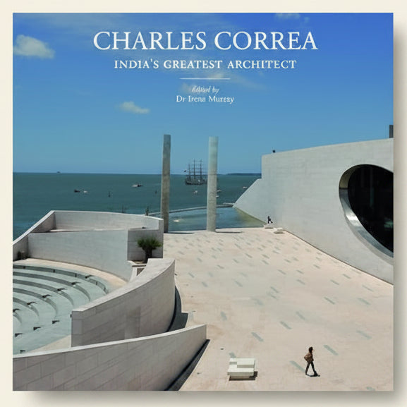Cover of 'Charles Correa: India's Greatest Architect' with architectural design and ocean view.