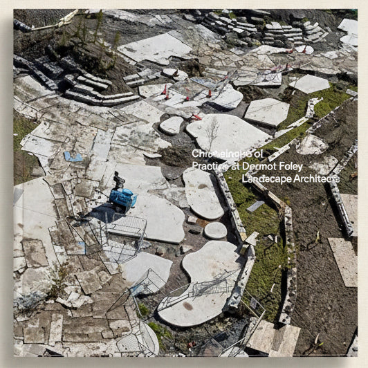 Landscape architecture project with stone and concrete elements, featuring text about Dermot Foley Landscape Architects.