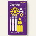 Book cover of 'Churches: An Architectural Guide' by Simon Bradley with a purple background and architectural illustrations.