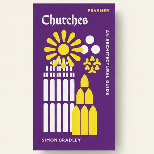 Book cover of 'Churches: An Architectural Guide' by Simon Bradley with a purple background and architectural illustrations.