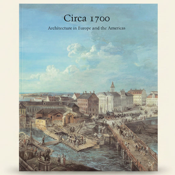 Artistic depiction of a cityscape from around 1700 with buildings and a river.