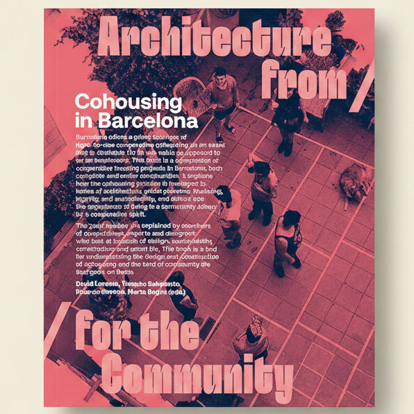 Book cover of 'Architecture from Cohousing for the Community' with people on a rooftop and pink background.