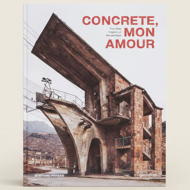 Book cover of 'Concrete, Mon Amour' with a concrete structure and mountainous background.