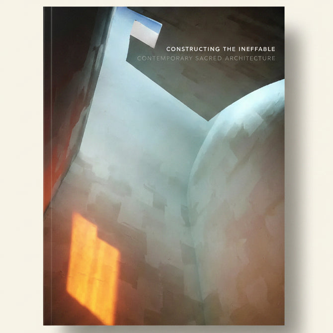 Modern architectural interior with curved walls and a text overlay about contemporary sacred architecture.