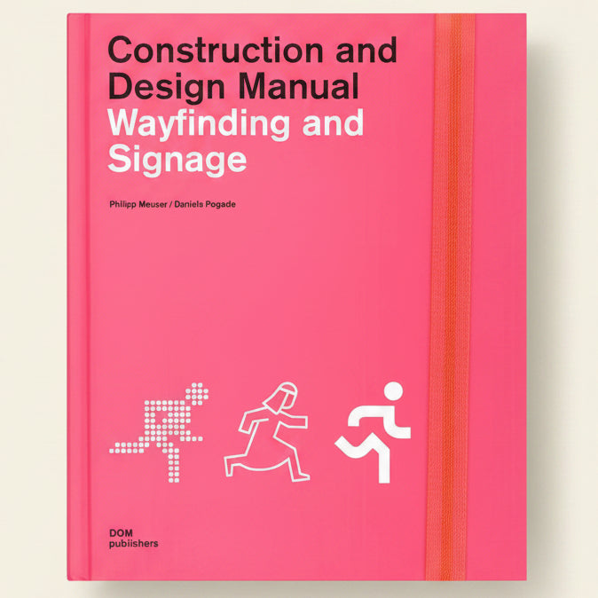 Pink book titled 'Construction and Design Manual: Wayfinding and Signage' with icons on a pink background