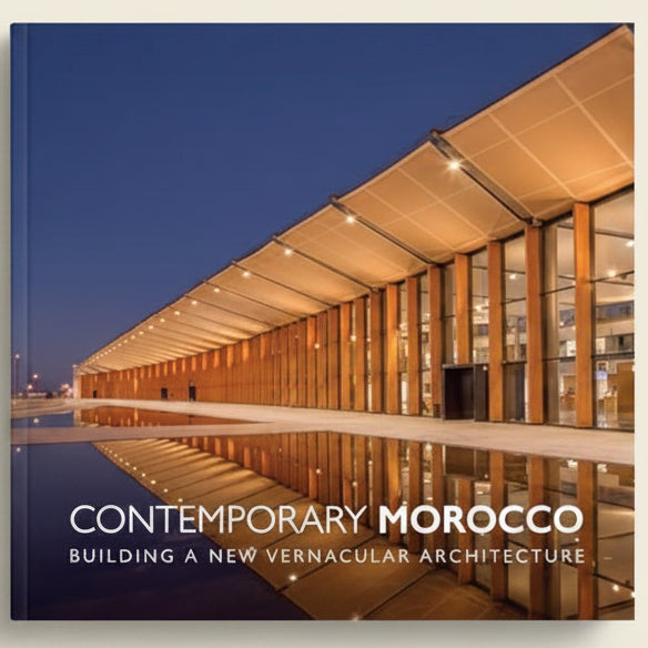Modern architectural building with reflective water surface and clear blue sky