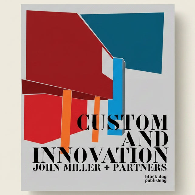 Book cover with geometric shapes and text 'Custom and Innovation John Miller + Partners' on a gray background