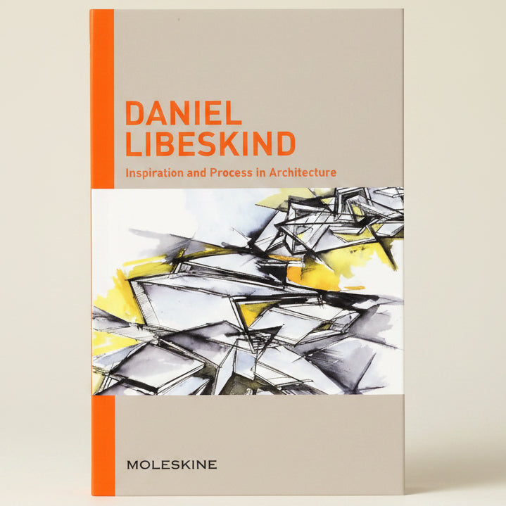 Book cover of 'Inspiration and Process in Architecture' by Daniel Libeskind with architectural drawings on a gray background.