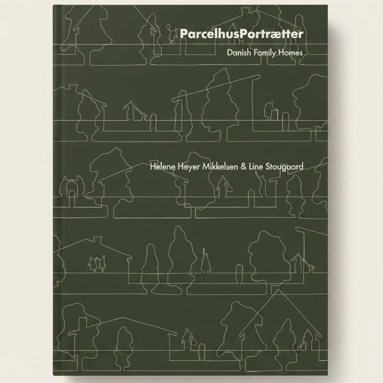 Book cover with line drawings of houses and trees on a dark green background, featuring the title 'ParcelhusPorträtter' and authors' names.