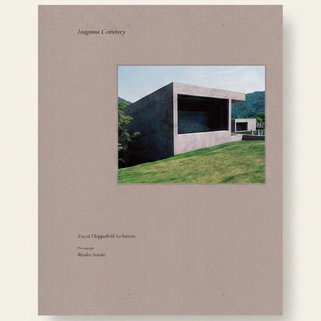 A book cover or printed publication cover with a beige background, featuring a centered photograph of a modern concrete cemetery building on grass, with the title 'Inagawa Cemetery' at the top and architect/photographer text below.