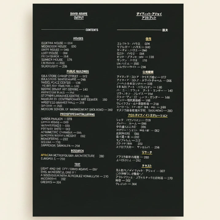 Table of contents with text on a black background