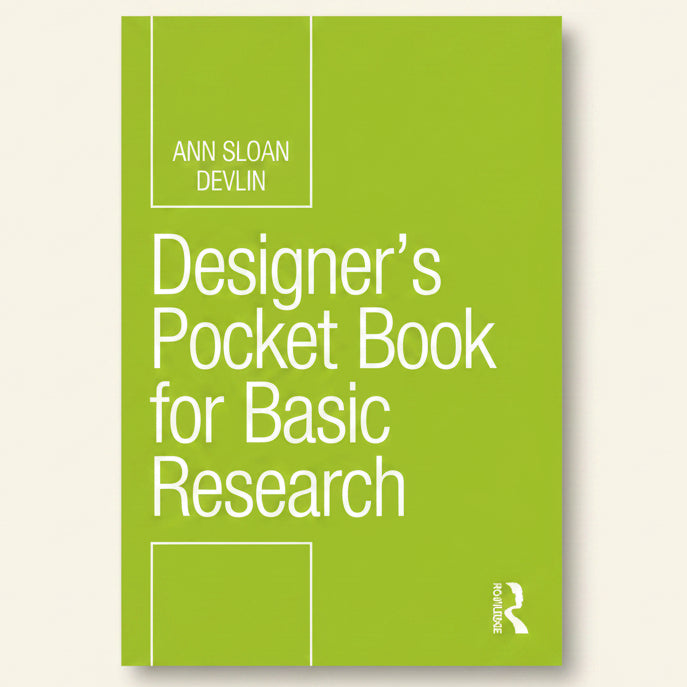 Book cover for 'Designer's Pocket Book for Basic Research' by Ann Sloan Devlin, featuring a solid lime green background with white text and a white publisher logo at the bottom right.