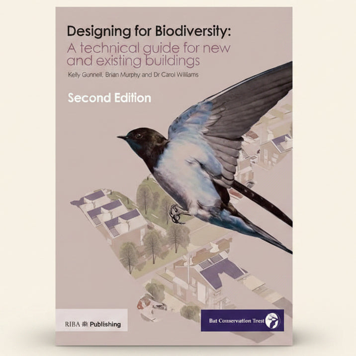Book cover of 'Designing for Biodiversity' with a bird and houses illustration on a beige background
