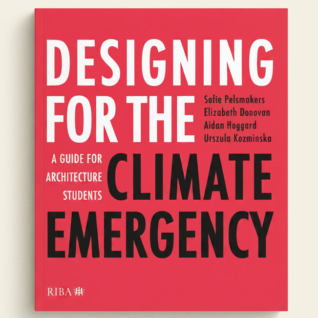 Book cover of 'Designing for the Climate Emergency' with white and black text on a red background.