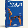 Book cover of 'Design of the 20th Century' by Charlotte & Peter Fiell with a wooden chair illustration on a blue background.