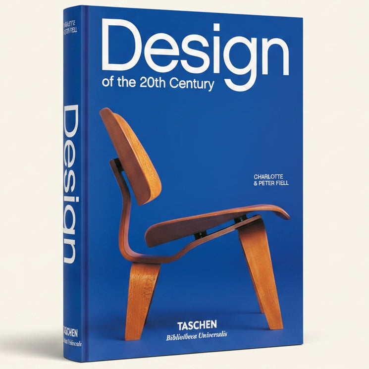 Book cover of 'Design of the 20th Century' by Charlotte & Peter Fiell with a wooden chair illustration on a blue background.