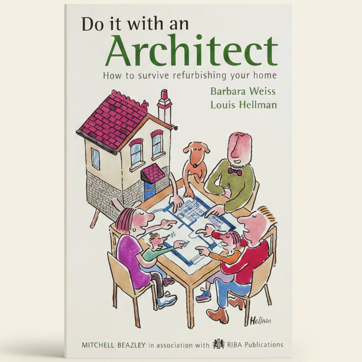 Book cover of 'Do it with an Architect' featuring cartoon characters around a table with a house illustration.
