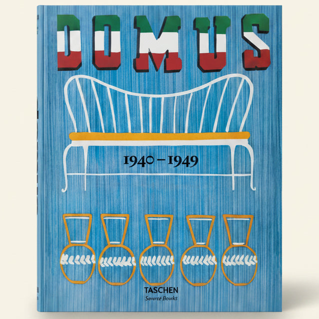 Book cover of 'DOMUS' with a chair illustration and blue background