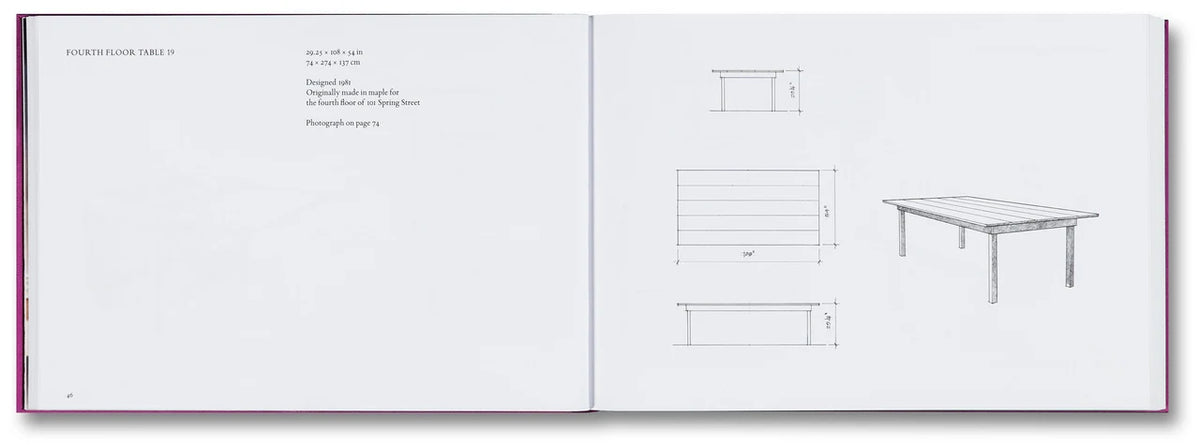 An open book spread showing a table design page with text on the left and technical line drawings and a rendered table view on the right.