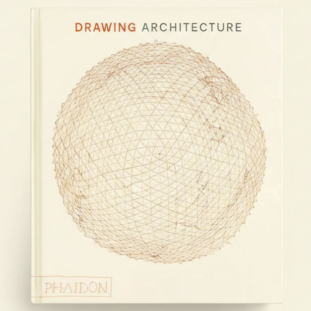 Book cover of 'Drawing Architecture' by Phaidon with a geometric sphere design.