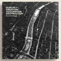 A black and white aerial view of a city with text overlay on a dark background