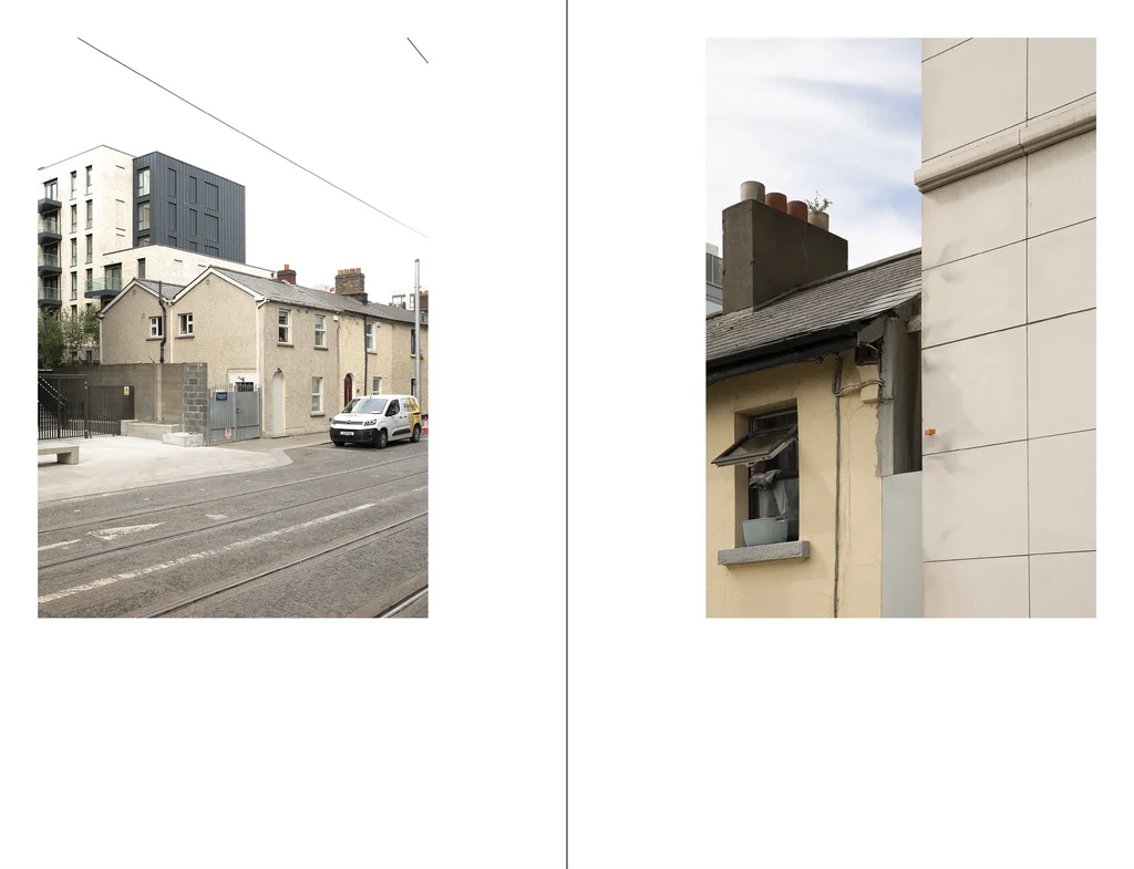 A split-screen real estate photograph showing an urban street scene on the left with traditional houses, a modern building, and a parked van, and a close-up architectural detail on the right featuring a cream-colored tiled wall, a yellow-beige building, and a dark chimney.