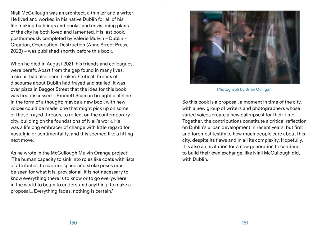 A two-page spread of a printed book or magazine interior with black text on white pages, headed by the name Niall McCullough and a photo credit line reading 'Photograph by Brian Coogan.'.