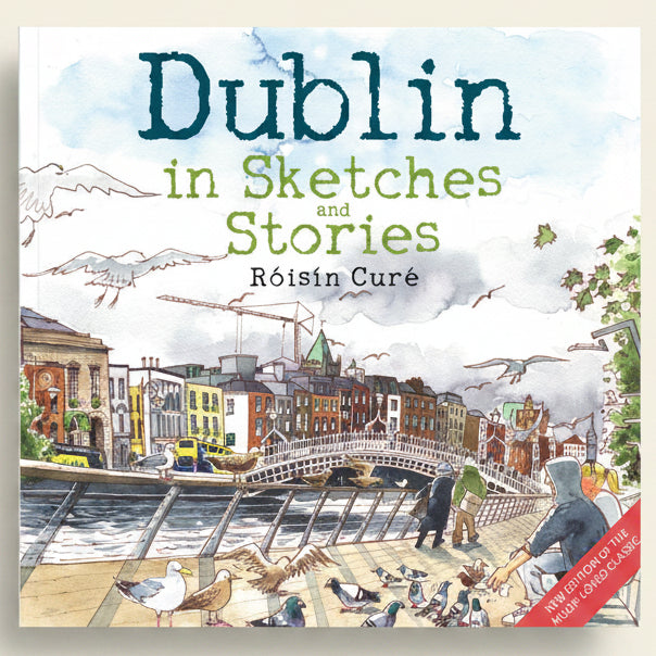 Book cover of 'Dublin in Sketches and Stories' with illustrations of Dublin's skyline and people.