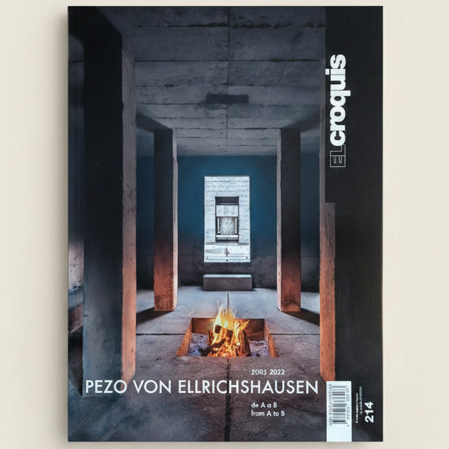 Cover of a magazine featuring an interior design with a fireplace and text about Pezo von Ellrichshausen.