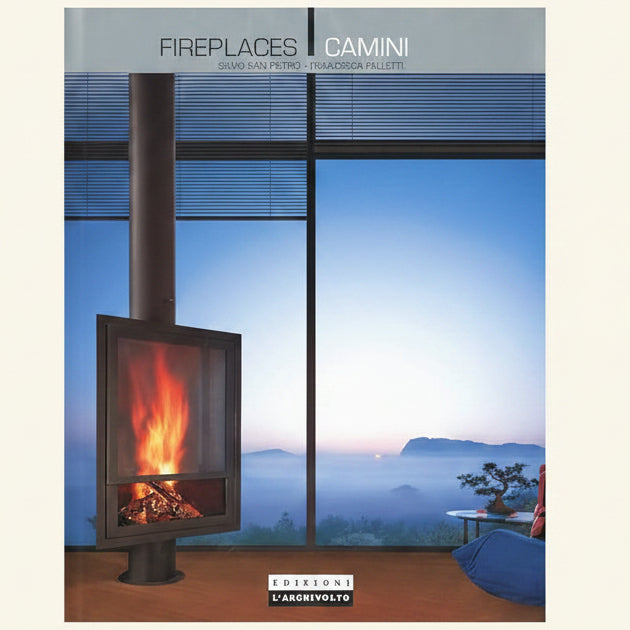 Book cover of 'Fireplaces' with a modern fireplace and scenic view.