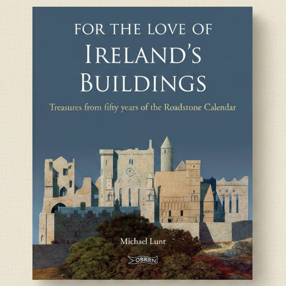 Book cover of 'For the Love of Ireland's Buildings' with a castle image on a blue background