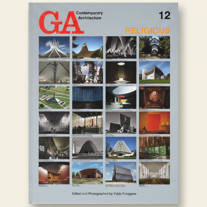 Cover of 'GA Contemporary Architecture 12: Religious' with images of architectural designs.