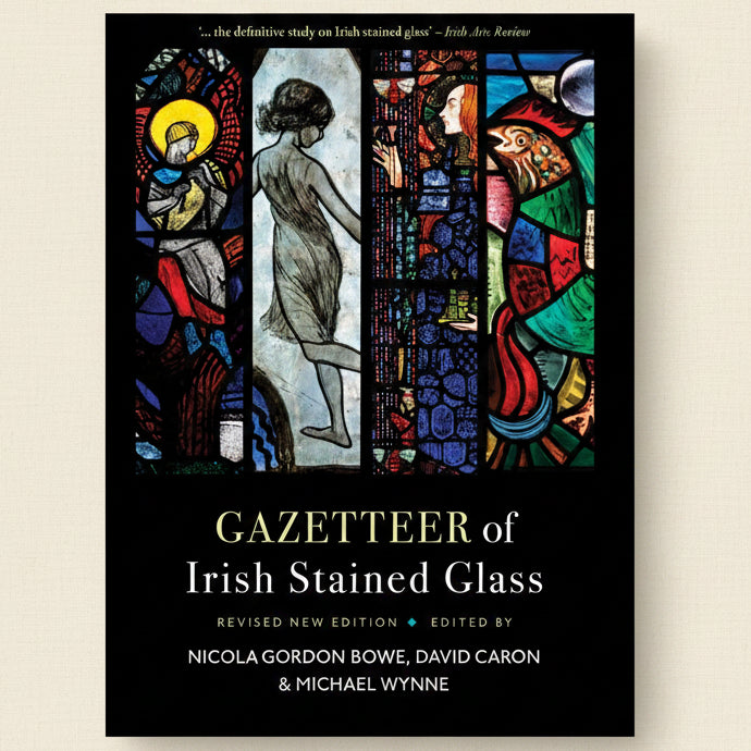 Book cover of 'Gazetteer of Irish Stained Glass' with stained glass images and editors' names.