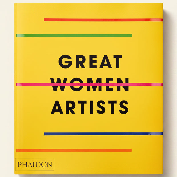 Book cover of 'Great Women Artists' by Phaidon with a yellow background and black text.