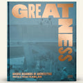 Book titled 'Greatness' with architectural images on a blue background