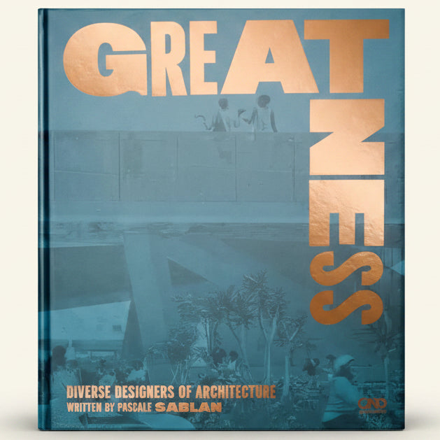 Book titled 'Greatness' with architectural images on a blue background