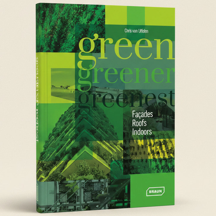 Book cover of 'Green, Greener, Greenest' with green text and images of green architecture.