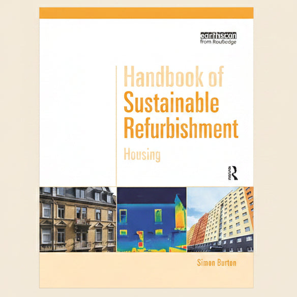 Book cover of 'Handbook of Sustainable Refurbishment' with images of buildings on a beige background.