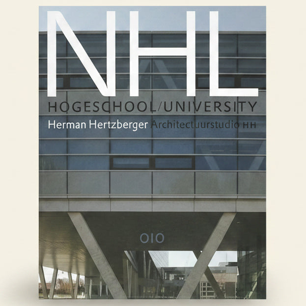 Cover of a book titled 'Hogeschool/University' by Herman Hertzberger with architectural design.