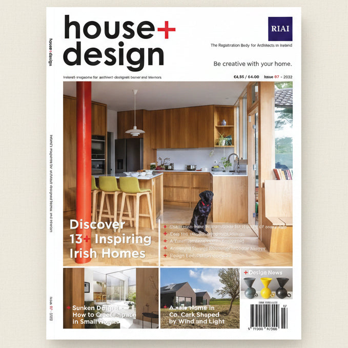 Cover of 'house+design' magazine featuring a modern kitchen and text about inspiring Irish homes.