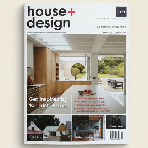 Magazine cover of 'house+design' with a focus on Irish homes on a green background