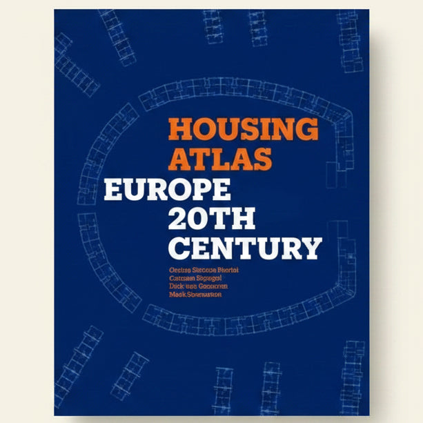 Book cover of 'Housing Atlas Europe 20th Century' with architectural line drawings on a blue background.