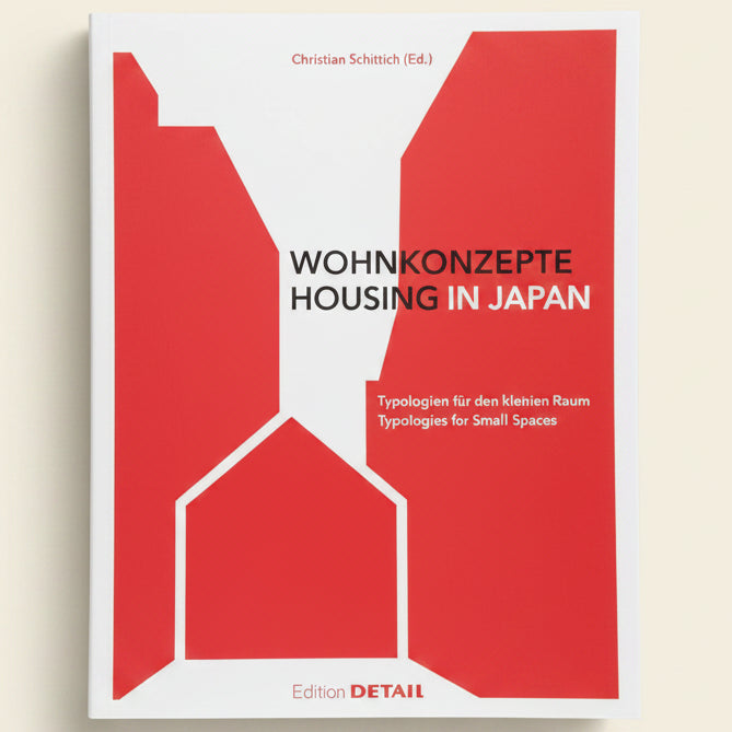 Book cover of 'Wohnkonzepte Housing in Japan' with red geometric shapes on a white background