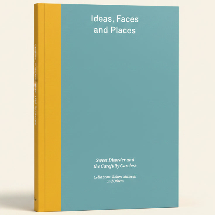 Book cover with orange and teal color scheme and text about 'Ideas, Faces and Places'.