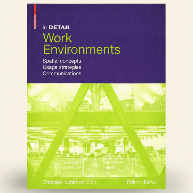 Book cover of 'Work Environments' with a purple background and green architectural illustration.